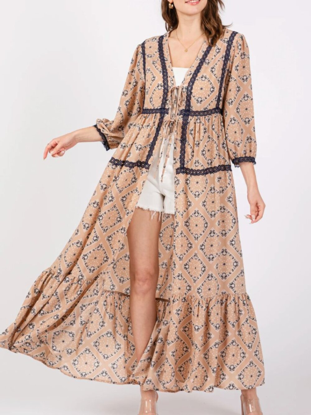 Boho Maxi Kimono Cardigan in Beige and Navy